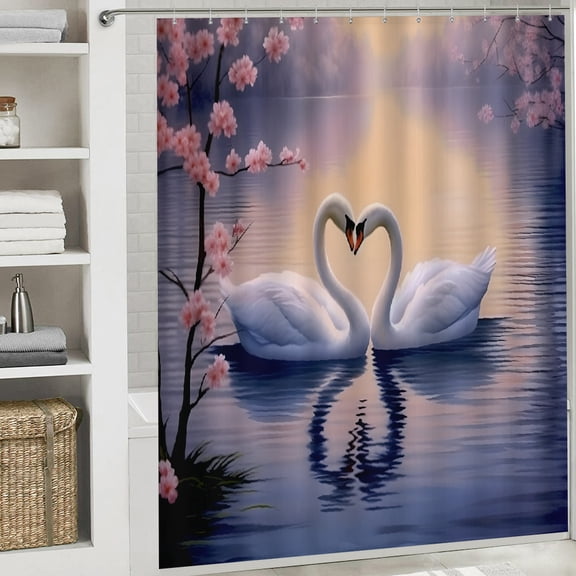 PRATYUS Swans Cherry Blossoms Romantic Waterproof Shower Curtain 70.8x70.8 Inches for Home Bathrooms White