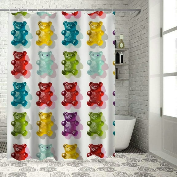 PRATYUS Sweets Shower Curtain, Colorful Gummy Bears Candy Yummy Jelly Playroom Theme, Cloth Fabric Bathroom Decor Set with Hooks, Pastel Yellow White