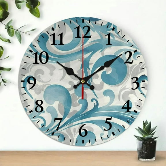 PRATYUS Swirl Pattern Wallpaper Paper Texture Round Wooden Wall Clock Silent Mechanical Movement for Living Rooms, Bedrooms, Kitchens, Dorms - 10 Inches 10x10in