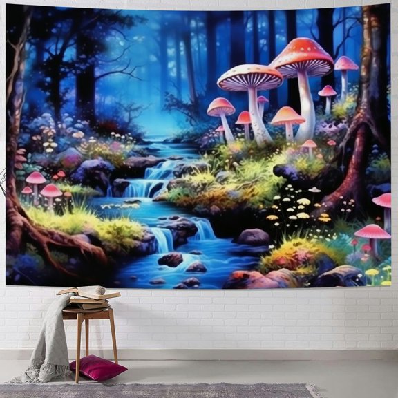 PRATYUS Tapestry Fantasy Moonlight Mountain Forest Landscape Tapestry Trippy Mushroom Flower Tapestries Mysterious Jungle Neon Plants Wall Hanging for Room 60x50inch