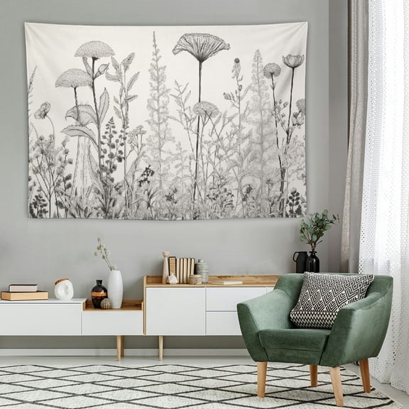 PRATYUS  Tapestry Floral Border Herbs and Wild Flowers Botanical Engraving Style Black and White Home Decor Wall Hanging 60x40 Inch Print for Living Room Bedroom Dorm 60x40in