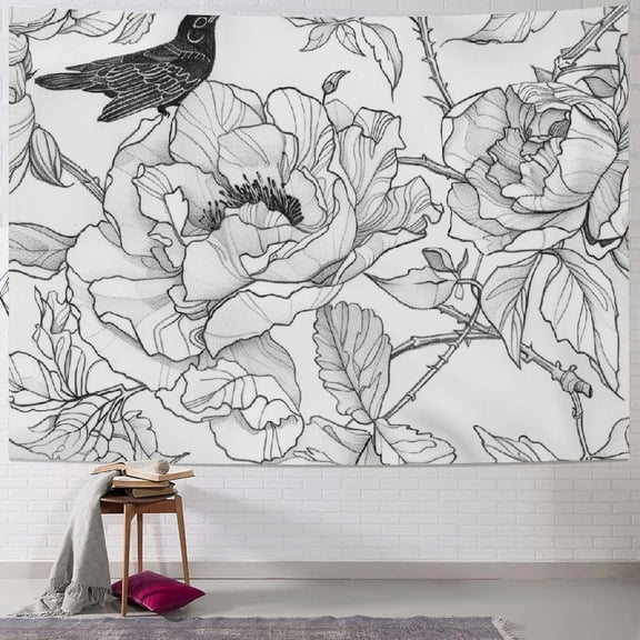PRATYUS Tapestry Grey Line Floral with Outline Rose Flowers Design Linear Home Decor Wall Hanging for Living Room Bedroom Dorm 50x40inch