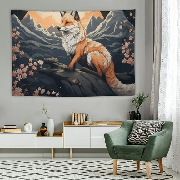 PRATYUS  Tapestry Japanese Style Mountain White Flowers Fox Tapestry Aesthetic Tapestry Wall Tapestry Home Decor for Living Room Bedroom 60x40 Inch 60x40in