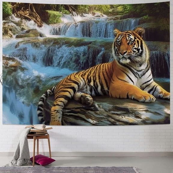 PRATYUS Tapestry King Size, Indochina Tiger Laying Under Banyan Tree Against Limestone Waterfall Nature, Wall Hanging Bedspread Bed Cover Wall Decor, King Size, Green 40x30inch