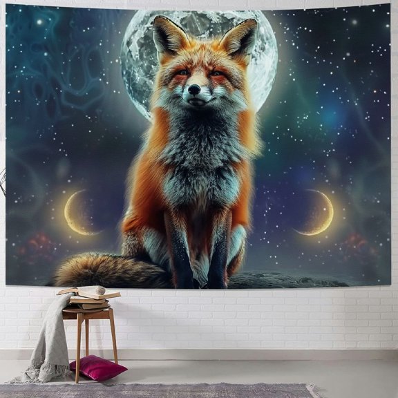 PRATYUS Tapestry Red Fox Wall Tapestry Red Fox with Trible Moon in Galaxy Wall Hanging Animal in Space Universe Starry Stars Tapestry Wall Art for Living Room, Bedroom, Dorm Painting