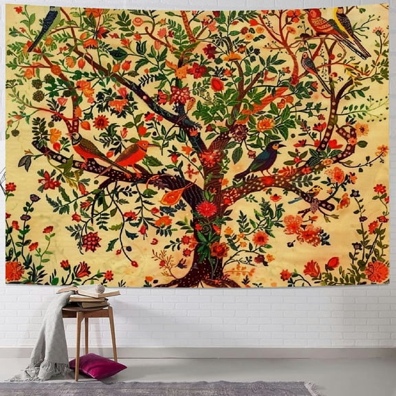PRATYUS Tapestry Tree of Life Wall Hanging Psychedelic Tapestries Indian Sheet Wall Decor Blanket Wall Art Hippie Bedroom Decor (Yellow Orange Tree of Life Painting