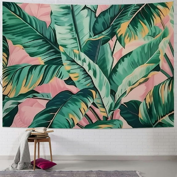 PRATYUS Tapestry Wall Hanging Tropical Green Leaves Pink Exotic Leaf Tropic Banana Palm Floral Flower Wall Tapestry for Bedroom Living Room Tablecloth Dorm Painting