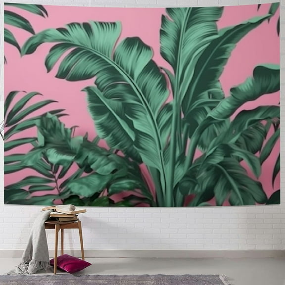 PRATYUS Tapestry Wall Hanging Tropical Green Leaves Pink Exotic Leaf Tropic Banana Palm Floral Flower Wall Tapestry for Bedroom Living Room Tablecloth Dorm 60x50inch