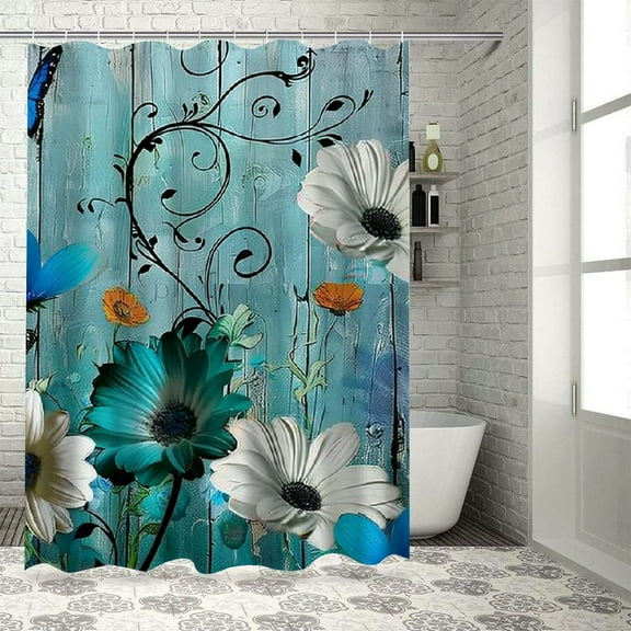 PRATYUS Teal Aqua Turquoise Shower Curtain, Butterfly Daisy Rustic Blue Floral Flower Farmhouse Wooden White Country Black Vintage Farm Antique Home Bathroom Decor 36x72