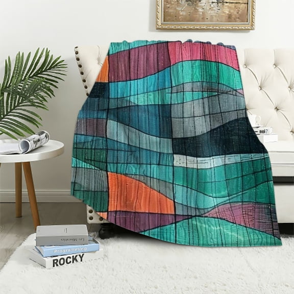 PRATYUS Teal Soft Flannel Throw Blanket, Abstract Mosaic Waves Ocean Inspired Expressionist Pattern Marine Design Image, Cozy for Indoor and Outdoor Use 50x60in