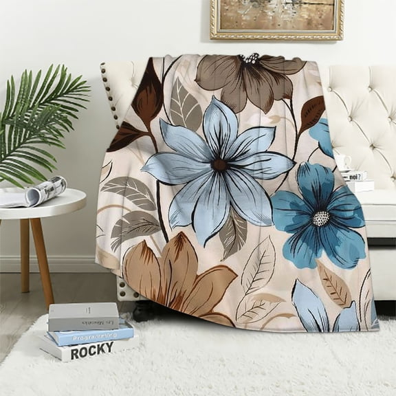 PRATYUS Throw Blanket Brown Cream Grey Teal Floral Blanket Super Soft Cozy Watercolor Tan Gray Beige Flowers Blanket for Couch Bed Decor Gift Idea Gift for Kids Family and Friends