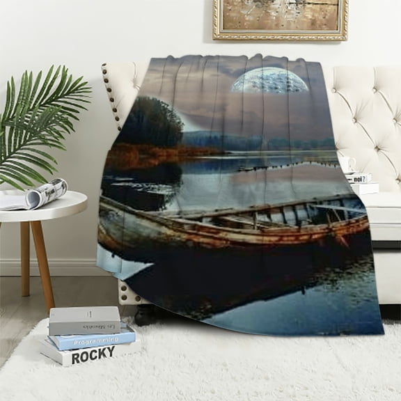 PRATYUS Throw Blankets for Sofa Couch Fluffy Cozy Flannel Travel Outdoor Blanket, Summer Desk Blanket for Work Chair, Lap Blanket & Pet Blanket, Home Decor- Moonlit Canoe River 60x80in