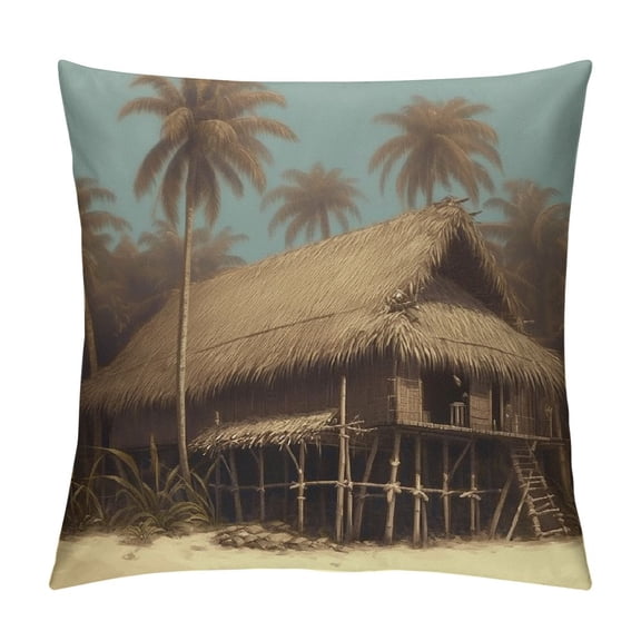 PRATYUS Throw Pillow Cover Blue Vintage Hut Tropical Beach Retro Styled Bungalow House Pillowcase Home Decorative Square Pillow Case Cushion Cover