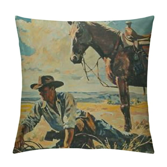 PRATYUS Throw Pillow Cover Cowgirl Vintage Western Cowboy Roping Steer Decorative Pillow Case Home Decor Square White