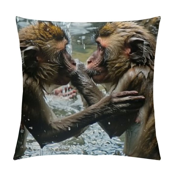 PRATYUS  Throw Pillow Cover Japanese Macaques Snow Monkeys Bathing in Hot Spring Pillowcase Home Decor Square  Pillow Case Cushion Cover White