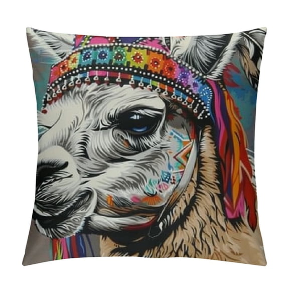 PRATYUS Throw Pillow Cushion Cover, Alpaca an Colorful Hat Peruvian Sketch Style Animal Abstract Pattern, Decorative Square Accent Pillow Case 22x22in