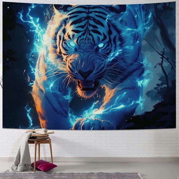 PRATYUS Tiger Tapestry Cool Lightning Tiger with Firm Eyes Wall Tapestry Animal Prints Wall Hanging for Living Room, Bedroom, Dorm, Blue 40x60inch
