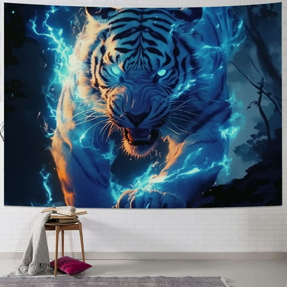 PRATYUS Tiger Tapestry Cool Lightning Tiger with Firm Eyes Wall Tapestry Animal Prints Wall Hanging for Living Room, Bedroom, Dorm, Blue 50x40inch