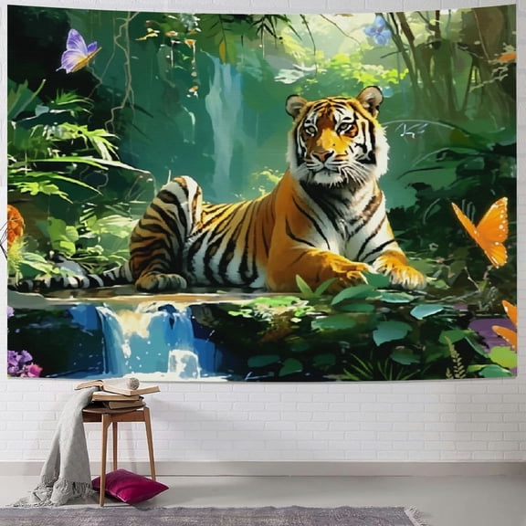 PRATYUS Tiger Tapestry, Jungle Tapestry Wall Hanging, Forest Animal in Tropical Rainforest Landscape Wall Tapestry Art for Room Dorm Decor Living Room Bedroom TV Backdrop College 60x50inch