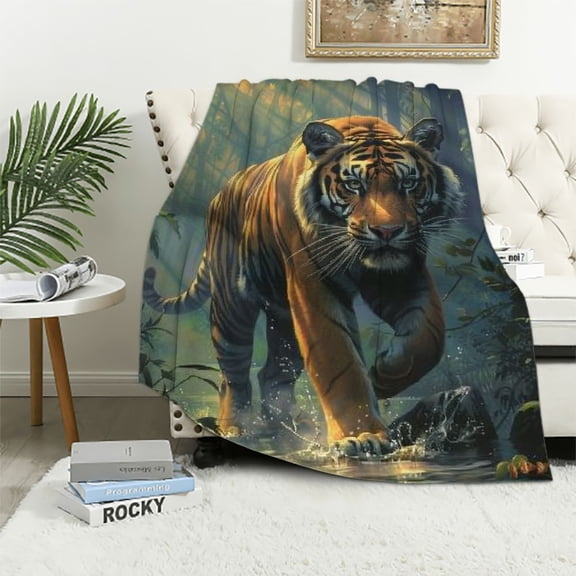 PRATYUS Tiger Throw Blanket Green Forest Tiger Blanket Throw for Kids Adults Boys Super Soft Cozy Blanket for Bed Couch Sofa Decor Gifts 40x50in