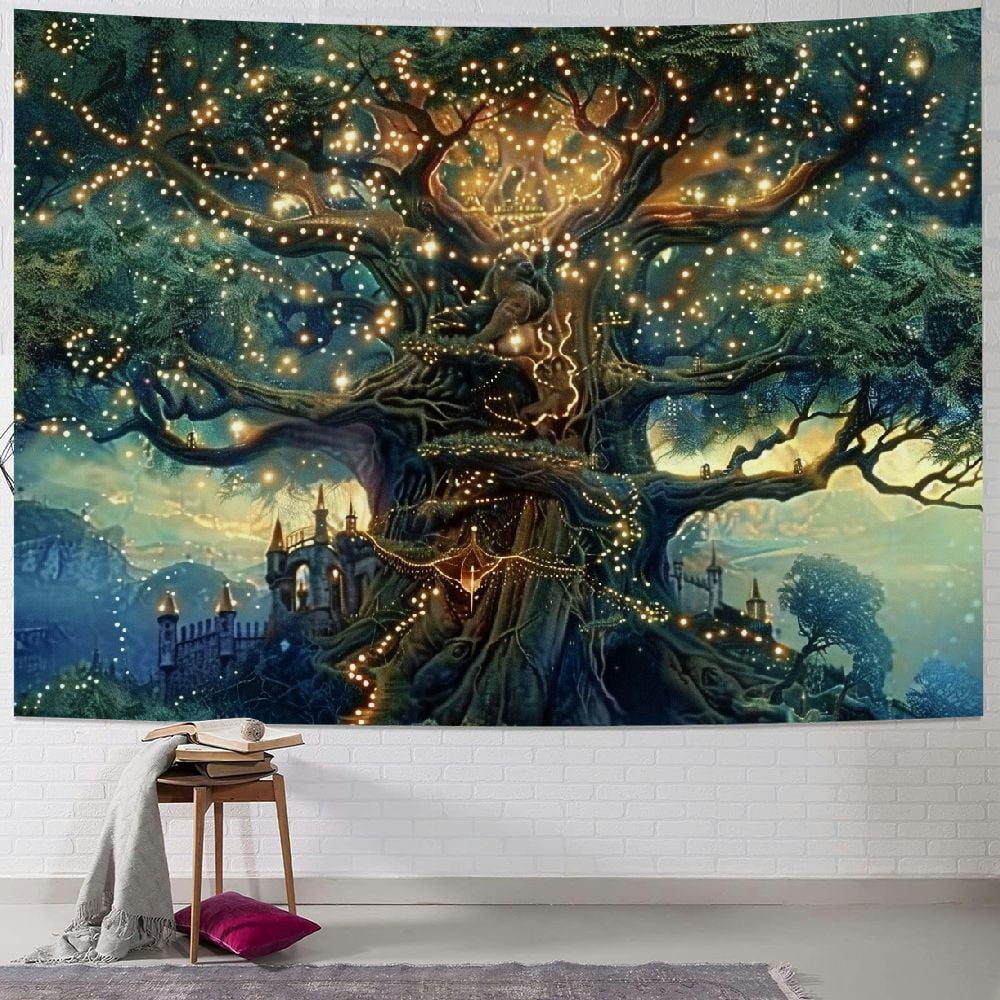 Mushroom Tapestry Wall Hanging – Moon & Stars Botanical Design, 60x40 Inches, Beige Green Aesthetic For Bedroom, Dorm, Living Room