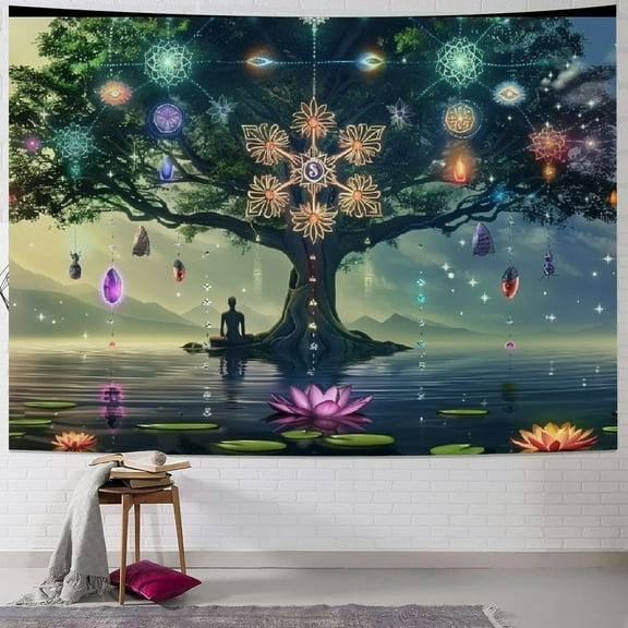 PRATYUS Tree of Life Tapestry Queen Size, Colorful Divine Design Celestial Dream with Lotus Flower and Symbols, Wall Hanging Bedspread Bed Cover Wall Decor,Purple Multicolor 50x40inch