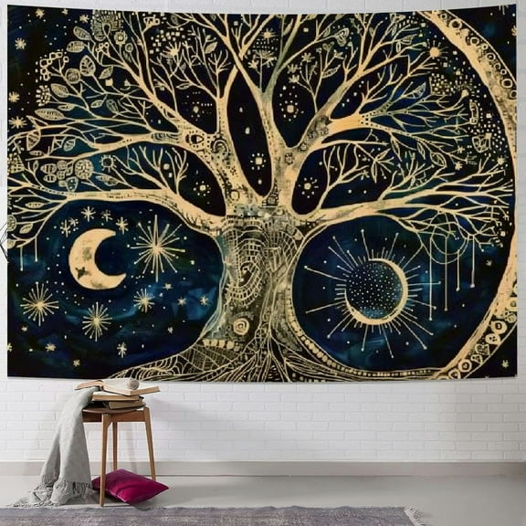 PRATYUS Tree of Life Tapestry Wall Hanging Sun Moon Stars Tapestries Aesthetic Galaxy Wall Tapestry Nature Home Decoration for Living Room Bedroom Painting