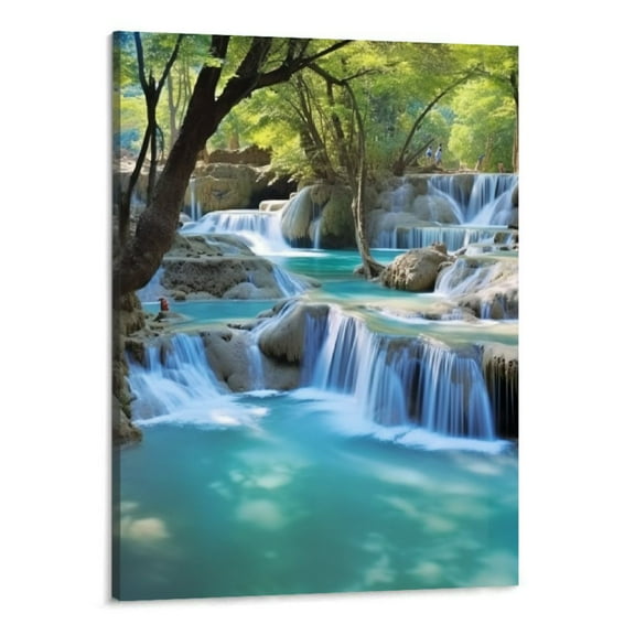 PRATYUS Trees Forest Canvas Wall Art Landscape Waterfall Painting Mountain River Artwork Wall Decoration Nature Art Prints Framed for Bedroom Bathroom Home Office Decor-16x20inch
