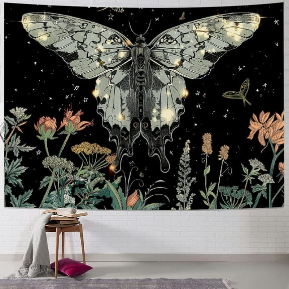 PRATYUS Trippy Witchy Vertical Tapestry, Black and White Moth Floral Moon Tarot Tapestry Wall Hanging for Bedroom, Dark Aesthetic Nature Flower Small Tapestries Poster Blanket College Dorm Decor