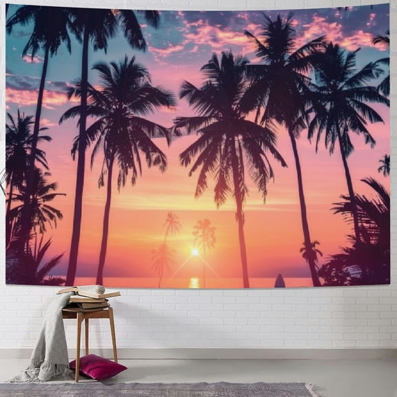 PRATYUS Tropical Beach Tapestry, Sunset Beach Ocean Palm Tree Fantasy Twilight Summer Art Tapestries for Bedroom, Seaside Landscape Art Tapestry Wall Hanging for Living Room Dorm Decor Painting