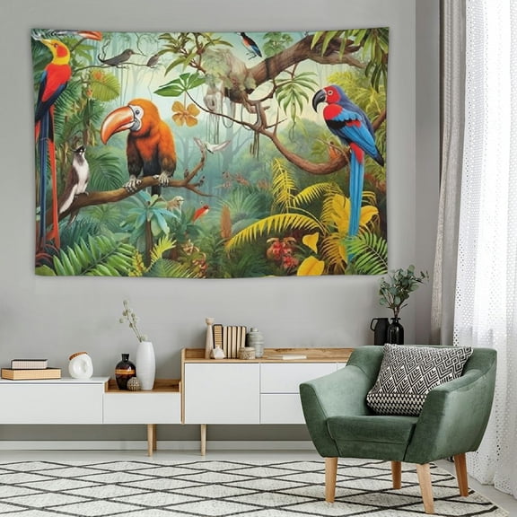 PRATYUS  Tropical Forest Tapestry Animal World Plants Orangutan Leopard Nature Animal Landscape Tree Tapestry Jungle Mountains Art Blanket 60x40 Inch Deco Living Room Tapestry 60x40in