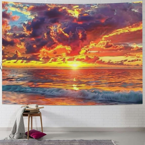 PRATYUS Tropical Ocean Sunset Sea Landscape Tapestry Wall Hanging Decoration, Purple Clouds and Gloden Sunshine, Wall Tapestry for Dorm Living Room Bedroom, Wall Decor Home Decor  Painting