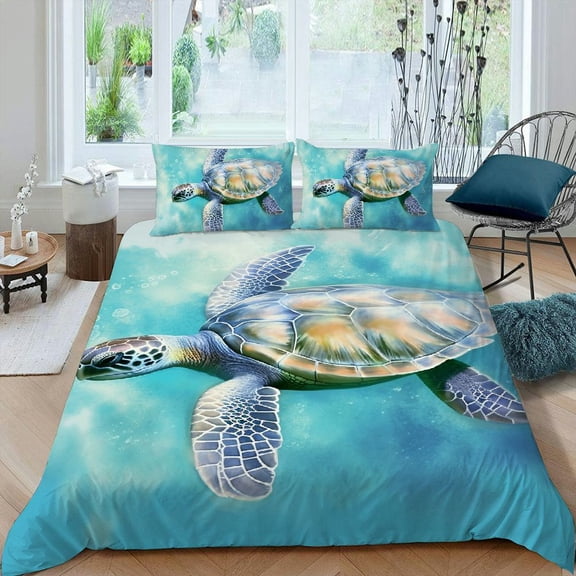 PRATYUS Turtle Swimming 3-Piece Bedding Set Comfortable and Breathable Peach Skin Velvet Bedroom Guest Room 87x68in