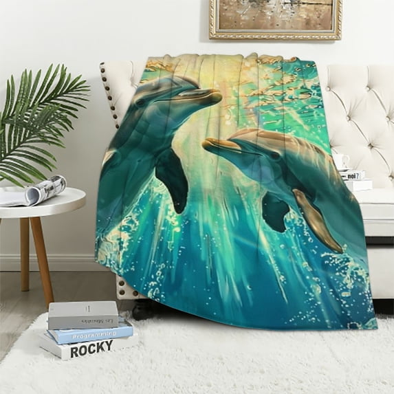 PRATYUS Two Dolphins Blanket Smooth Soft Pattern Print Throw Blanket for Sofa Chair Bed Office Twin 40x50in