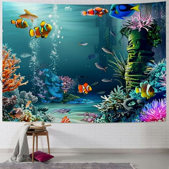 PRATYUS  Underwater World Tapestry Wall Hanging, Deep Sea Colorful Coral Seabed Fish Jellyfish Tapestry Wall Decor for Bedroom Living Room Kids Room College Dorm 60x50inch