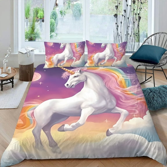 PRATYUS Unicorn Rainbow Cloud 3-Piece Bedding Set Lightweight and Soft Peach Skin Velvet Bedroom Guest Room Decor 87x68in