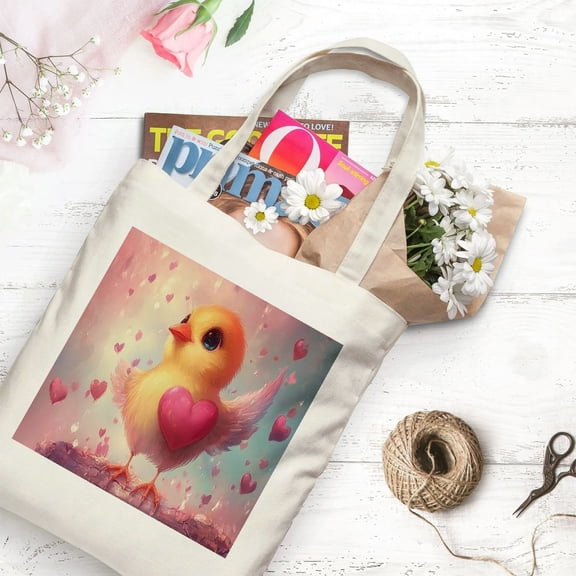 PRATYUS Valentine Duck Heart Canvas Tote Bag, Reusable Grocery Bag with Handles for Casual Shopping Beach Wedding Gift, Washable White