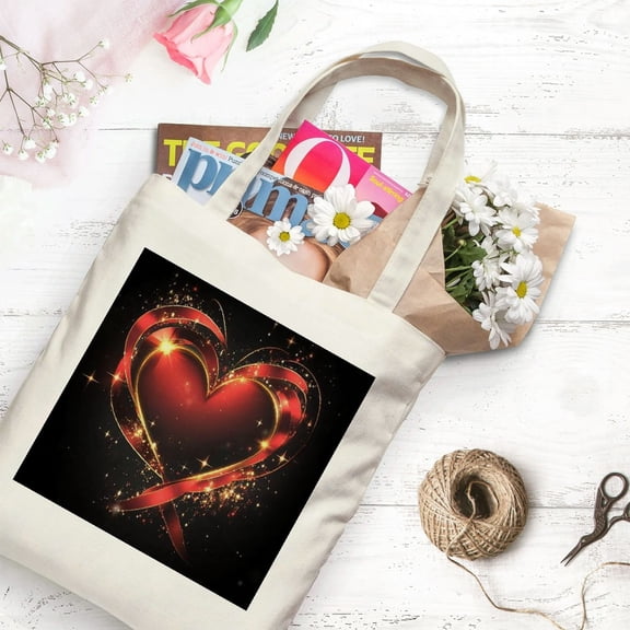 PRATYUS  Valentine Red Heart Canvas Tote Bag, Reusable Grocery Bag with Handles for Casual Shopping Beach Wedding Gift, Washable White