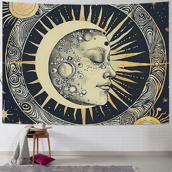 PRATYUS Vertical Sun and Moon Tapestry - Black and White Aesthetic Wall Hanging for Bedroom Decor - Mystical Tapestries with Psychedelic Sun and Star Design (Black, Multi Size) Painting