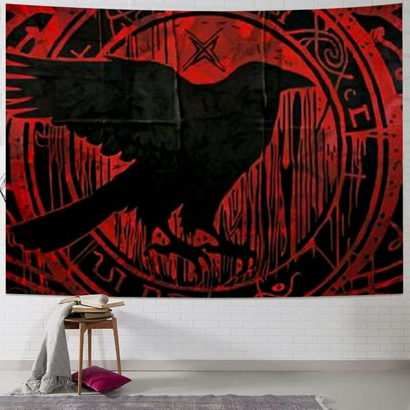 PRATYUS Viking Tapestry, Norse Viking Raven Crow Meditation Runes Wall Ancient Art Red Tapestry Wall Hanging, Viking Greek Mythology Aesthetic Tapestry for Bedroom Living Room Dorm Poster 60x50inch
