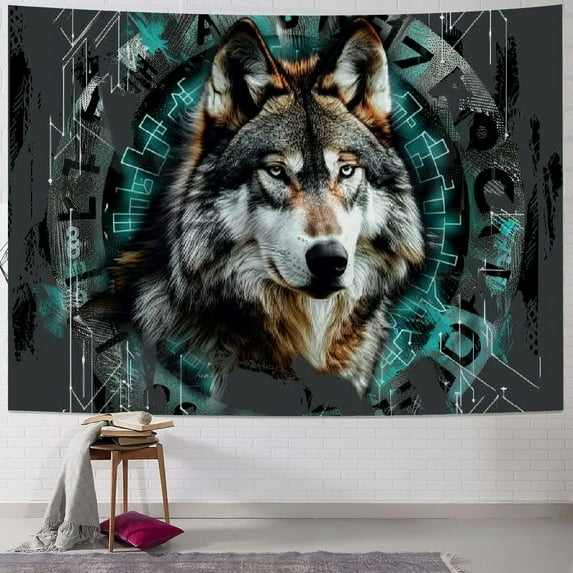 PRATYUS Viking Wolf Tapestry, Wild Animal Tapestry Wall Hanging, Cool Bokeh Runes Ancient Green Psychedelic Wall Decor Tapestries Poster Blanket College Dorm Bedroom Decor Painting