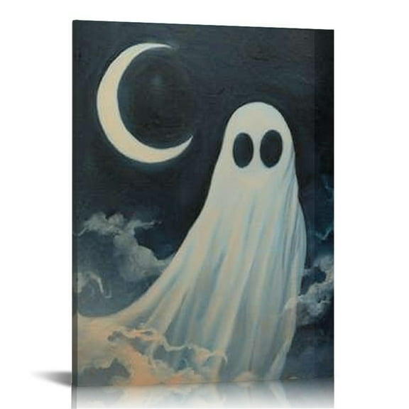PRATYUS  Vintage Cute Ghost Canvas Wall Art, Funny Halloween Pictures, Ghost Sitting on the Moon Aesthetic Poster, Gothic Dark Academia Wall Decor, Creepy Spooky Abandoned Art  16x20 in