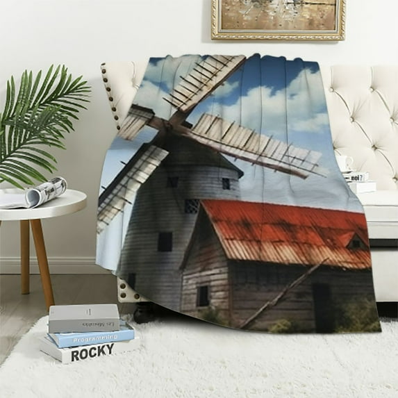 PRATYUS Vintage Decor Throw Blanket for Boys Teens Rustic Farmhouse Windmill Fuzzy Blanket Twin Size Retro Wooden Plank Blanket, Western Country Style Blanket for Cowboy 60x80in