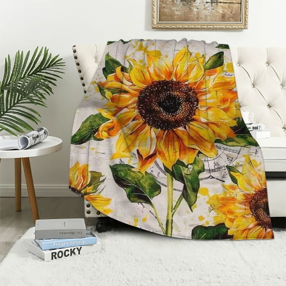 PRATYUS Vintage Grunge Yellow Sunflower Floral Throw Blankets Lightweight Fuzzy Cozy Soft Bedding, Throw Blankets All Season for Sofa Couch Bed 50x60in