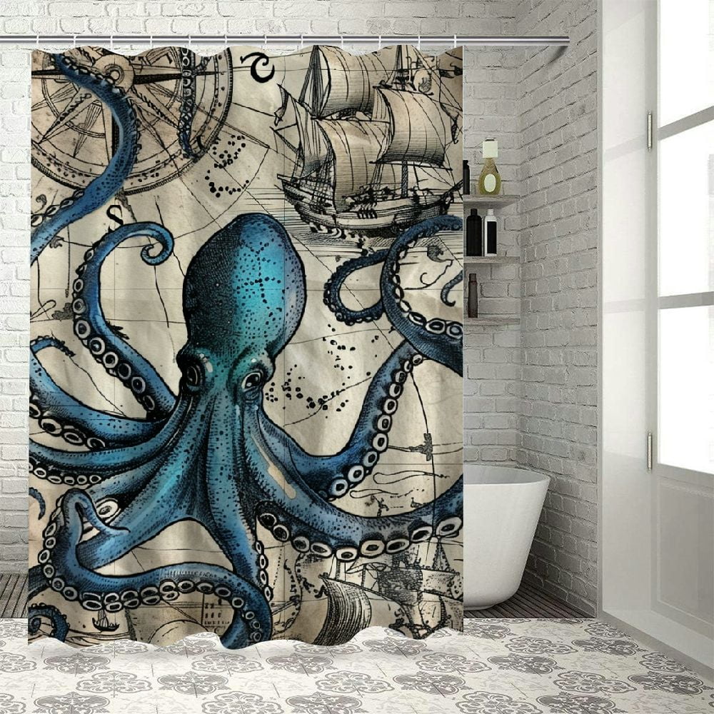 PRATYUS Vintage Nautical Octopus Shower Curtain Navy Blue Mermaid Funny