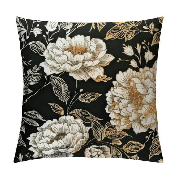 PRATYUS Vintage Peony Roses Floral Plant Lumbar Pillow Covers Chinoiserie White Flower Leaves Decorative Pillow Cases Black Gold Cushion Case Vintage Home Decor for Sofa Couch Outdoor 18x18in