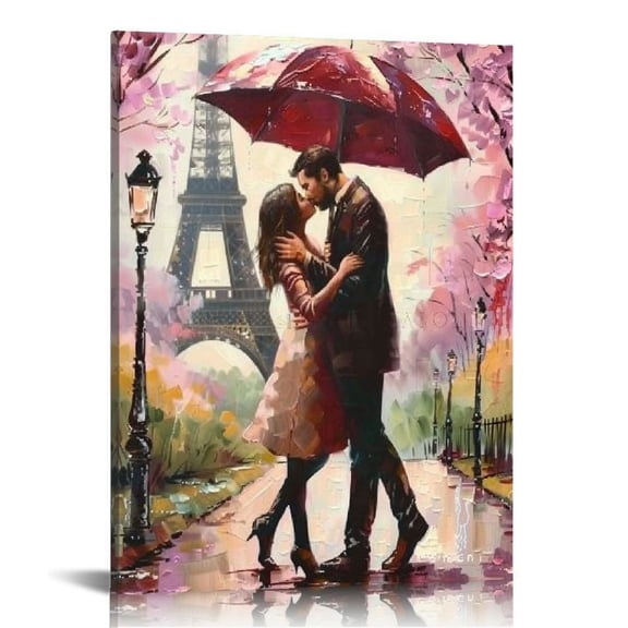 PRATYUS  Wall Art decor couples kiss in Paris Eiffel Tower Pink Cherry blossoms blossom canvas picture artwork hanging in girls' bedrooms, dining rooms, living rooms 12x16 in