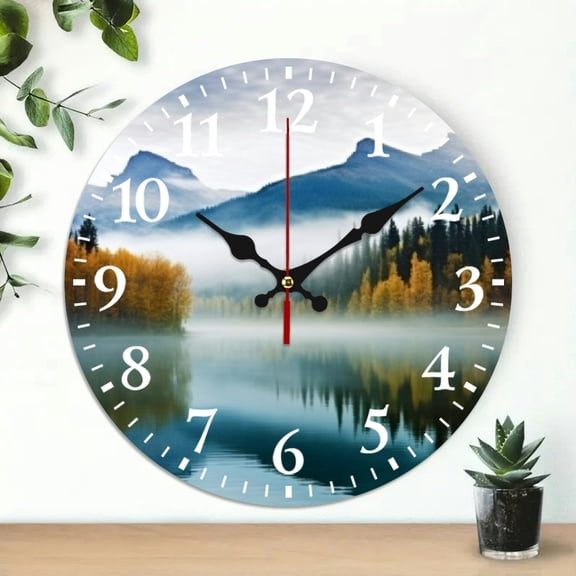 PRATYUS Wall Clock Mountains Trees Lake Print Battery Operated 10 Inch 10x10in