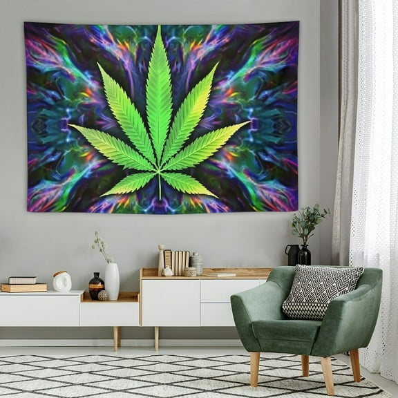 PRATYUS Wall Hanging Marijuana Weed Leaf Green Wall Tapestry with Art Nature Home Decorations for Living Room Bedroom Dorm Décor (60x40 Inch) 60x40in