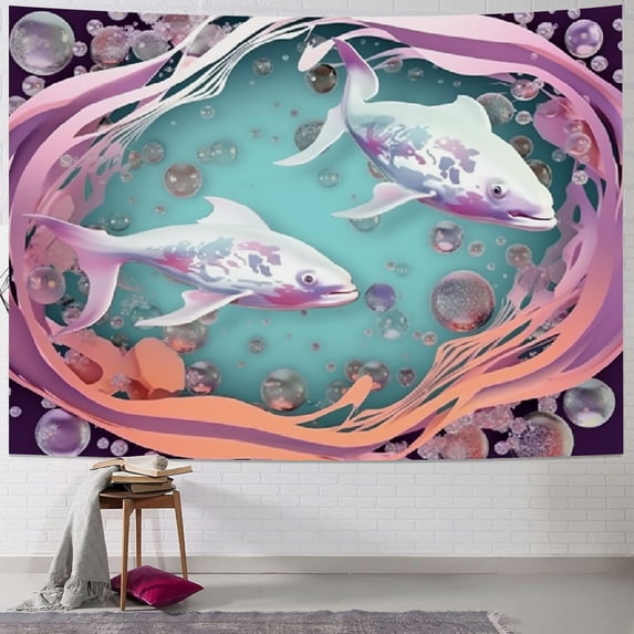 PRATYUS Wall Hanging Tapestry Underwater Sea Cave with Coral Seabed in Algae and Dolphin Deep Blue Ocean Wildlife Tapestry Wall Dorm Tapestry 50x40inch